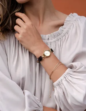 80's Vintage Design Gold-Tone Watch With Brown Leather Strap