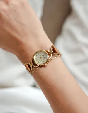 80's Vintage Design Gold-Tone Watch With Light Brown Leather Strap