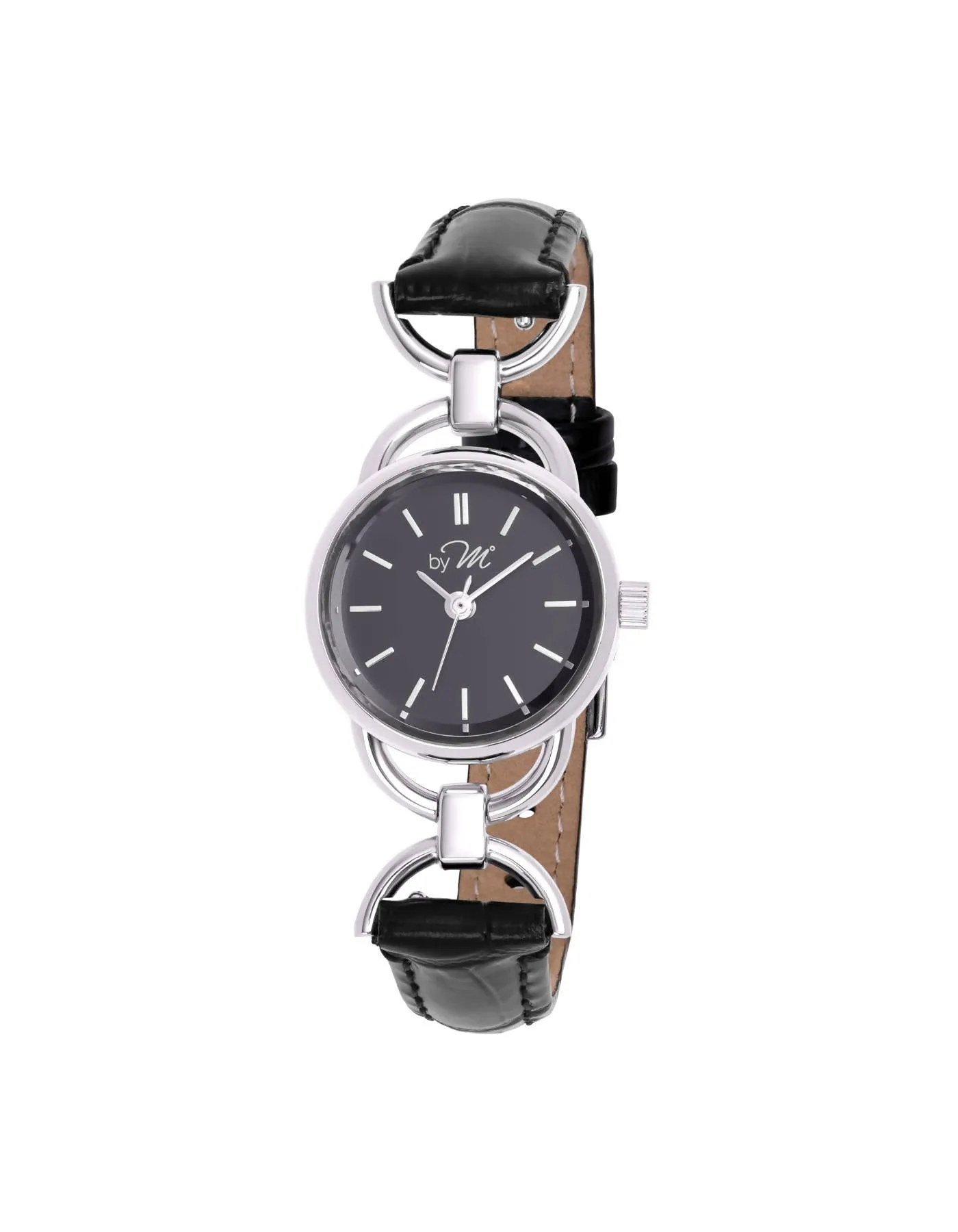 80's Vintage Design Silver-Tone Watch With Black Leather Strap