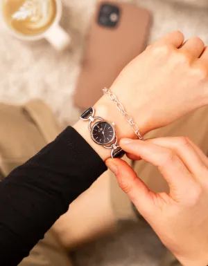80's Vintage Design Silver-Tone Watch With Black Leather Strap