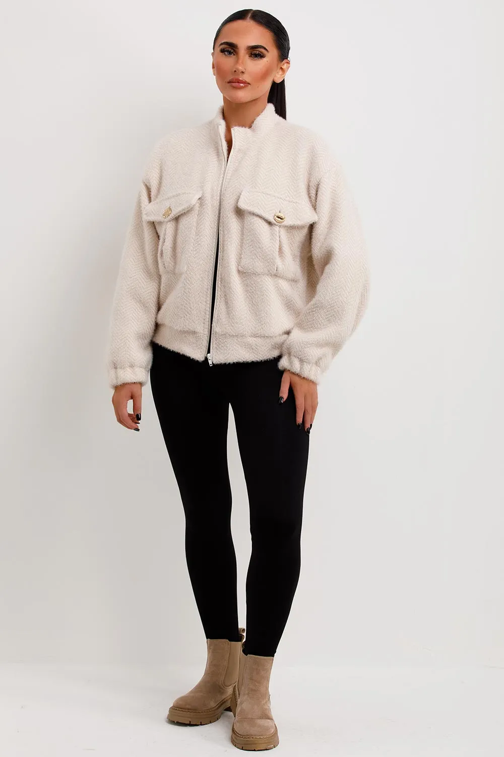 Aviator Bomber Jacket Jacket Textured Beige
