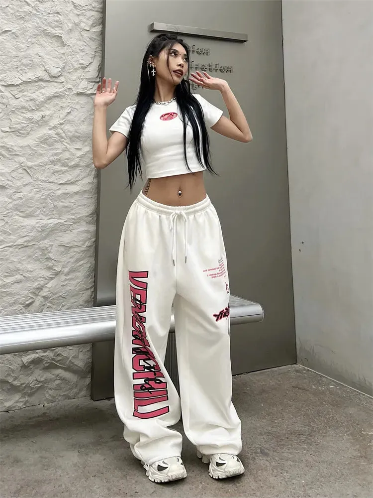 Bonnyshow Korean Y2K White Sweatpants Women Streetwear Kpop Letter Print Sports Pants Oversized Hip Hop Wide Leg Jogging Trousers
