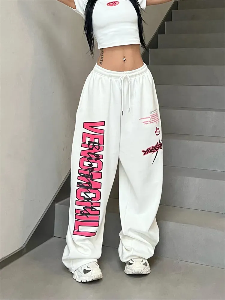 Bonnyshow Korean Y2K White Sweatpants Women Streetwear Kpop Letter Print Sports Pants Oversized Hip Hop Wide Leg Jogging Trousers