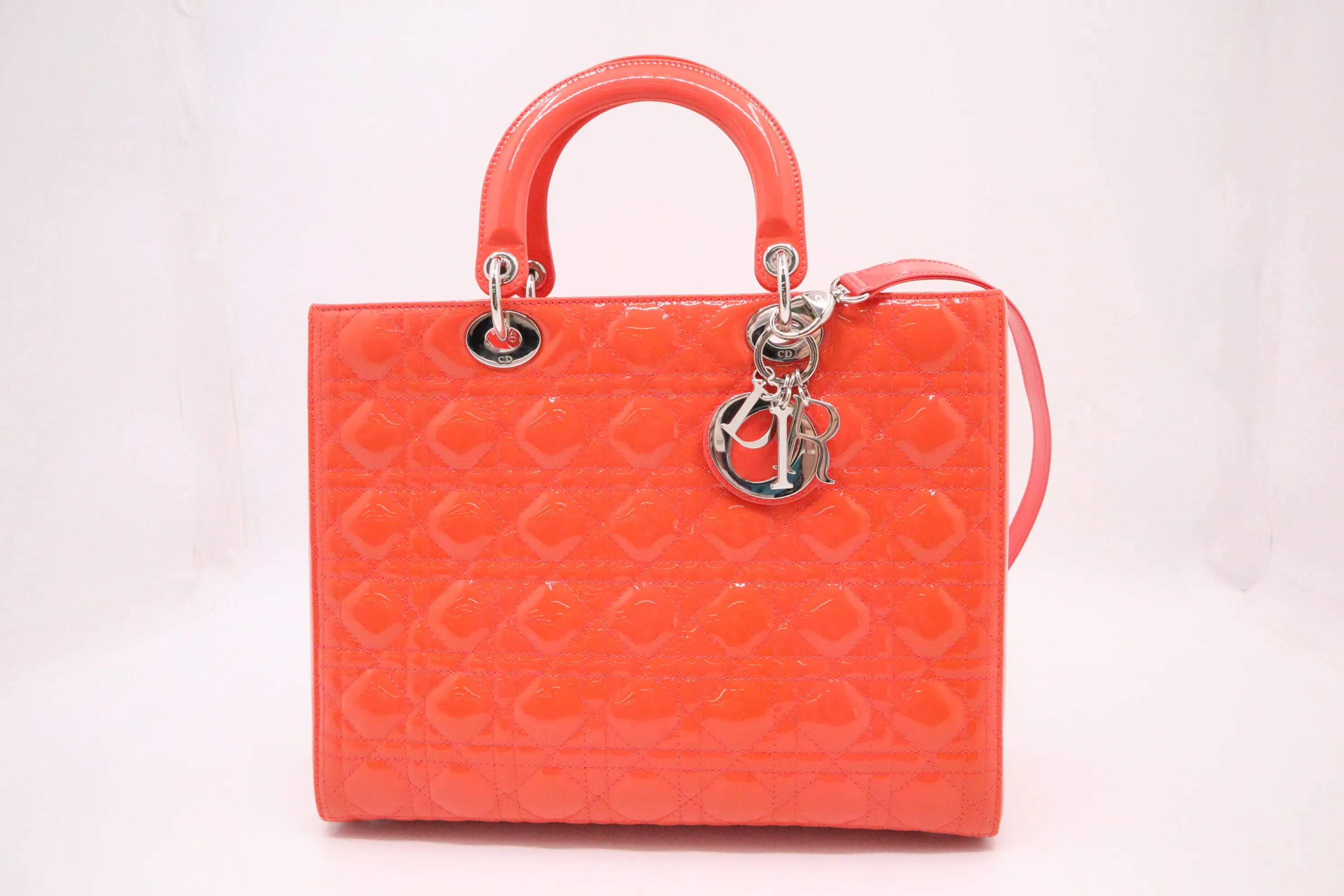 Dior Lady Dior Large in Orange Cannage Patent Leather
