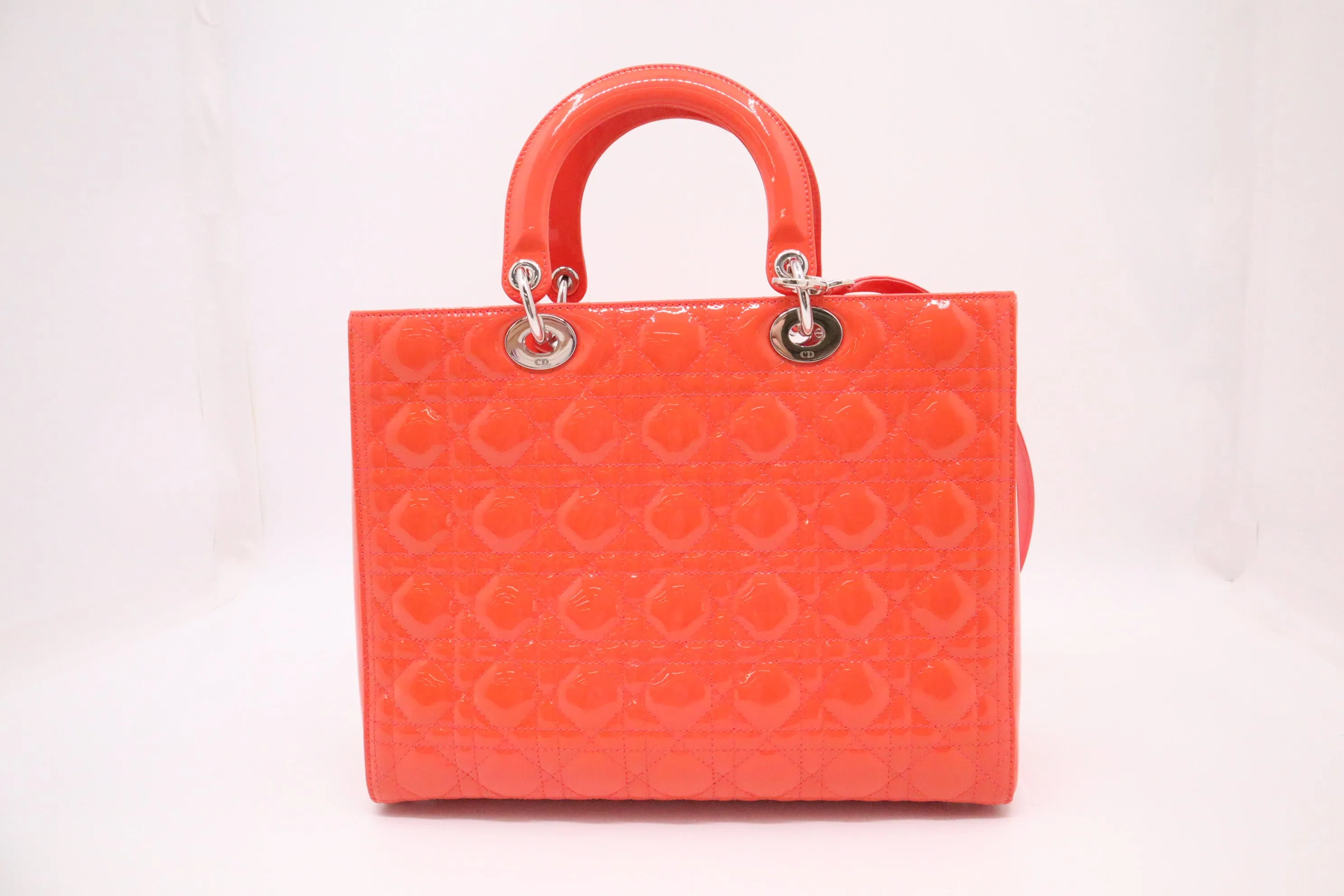 Dior Lady Dior Large in Orange Cannage Patent Leather