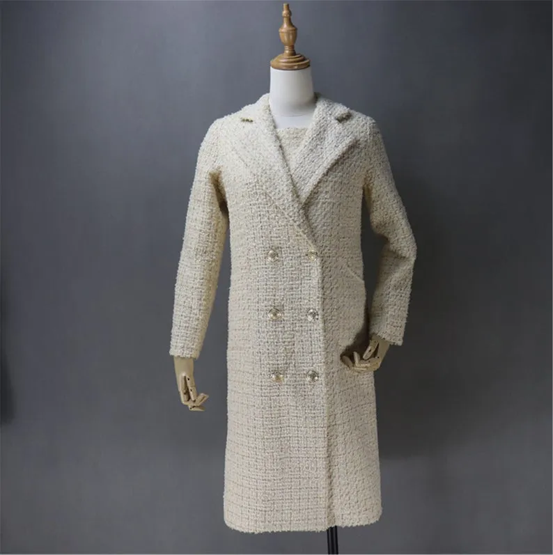 HandMade White Tweed Sheath Dress   Long Coat For Womens