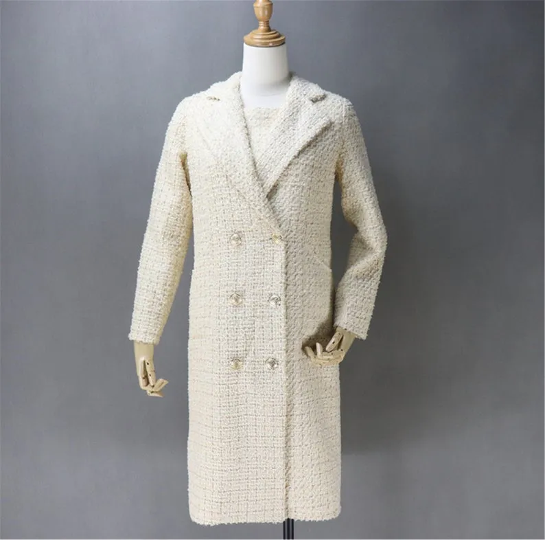 HandMade White Tweed Sheath Dress   Long Coat For Womens