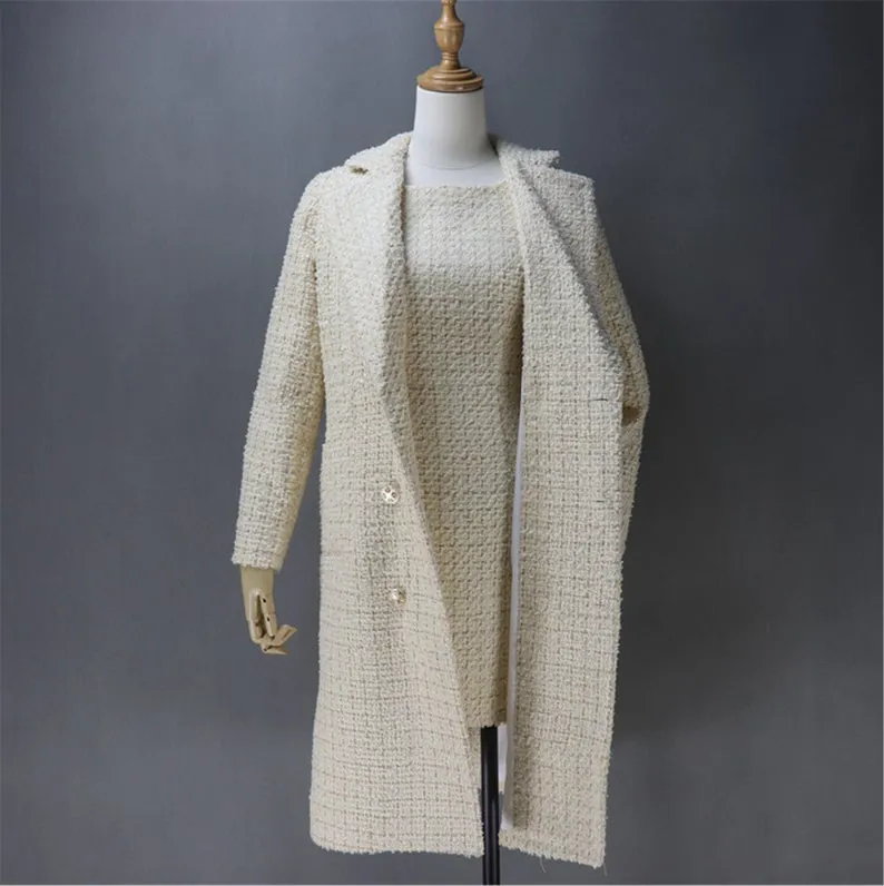 HandMade White Tweed Sheath Dress   Long Coat For Womens