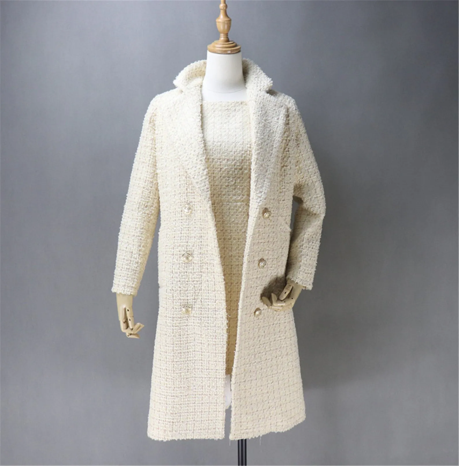 HandMade White Tweed Sheath Dress   Long Coat For Womens