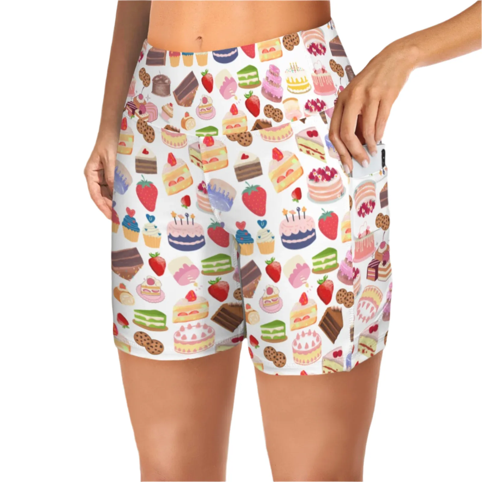 Happy Cake White Yoga Shorts with Pockets up to 5 XL (FWS)