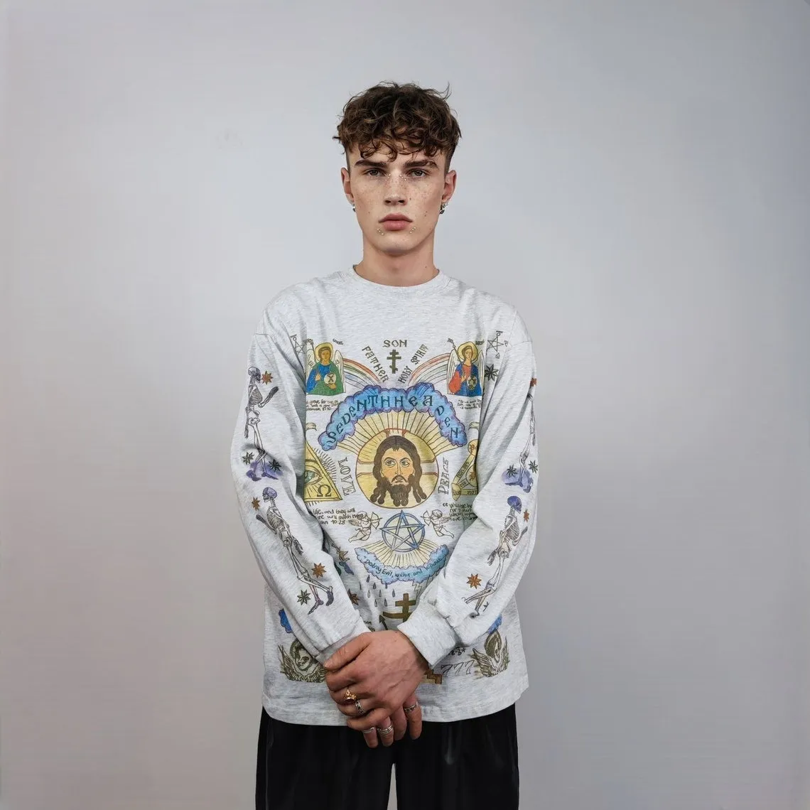 Jesus sweatshirt saint print top thin Christian jumper religious pattern sweater psychedelic pullover God worshipper t-shirt in grey