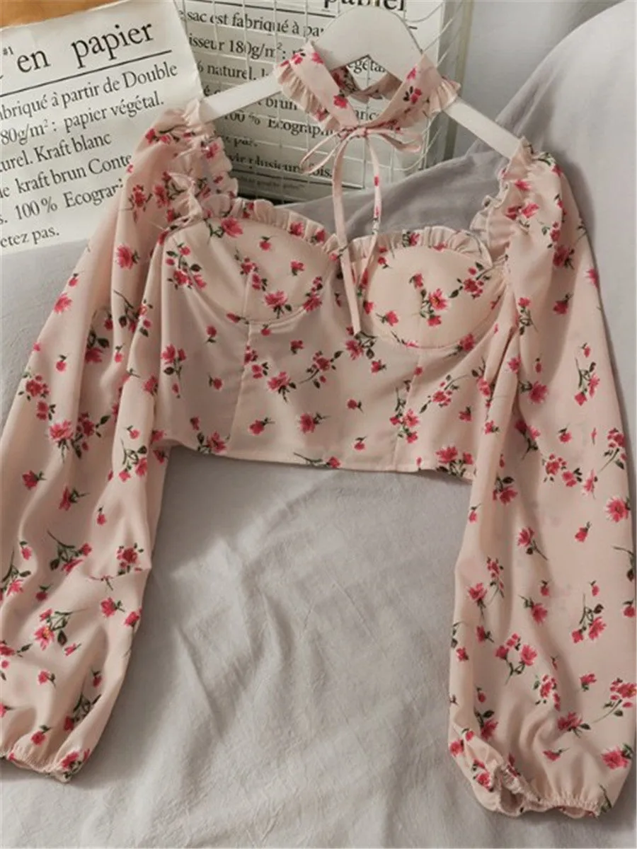 LONGBIDA Blouse Ruffles Gothic Floral Print Elegant Women Shirts
