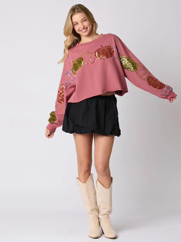 Madilyn Halloween Pumpkin Sequin Top Long Sleeve Pullover Sweatshirt