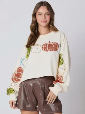 Madilyn Halloween Pumpkin Sequin Top Long Sleeve Pullover Sweatshirt
