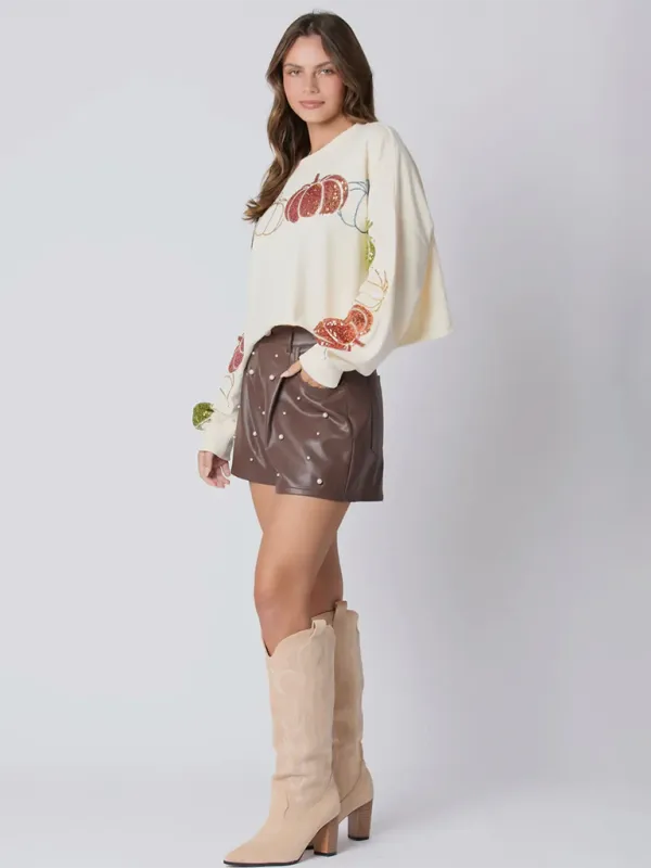 Madilyn Halloween Pumpkin Sequin Top Long Sleeve Pullover Sweatshirt
