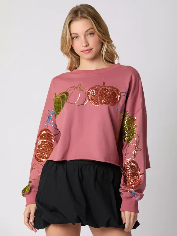 Madilyn Halloween Pumpkin Sequin Top Long Sleeve Pullover Sweatshirt