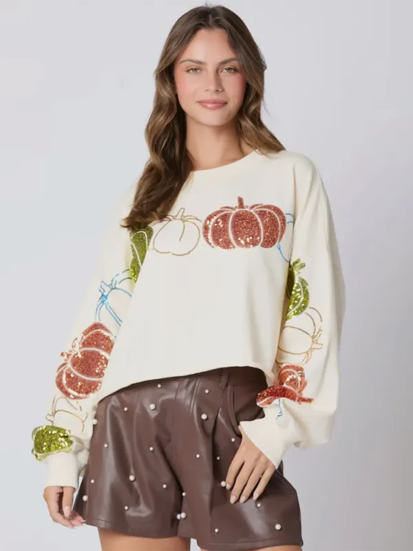 Madilyn Halloween Pumpkin Sequin Top Long Sleeve Pullover Sweatshirt