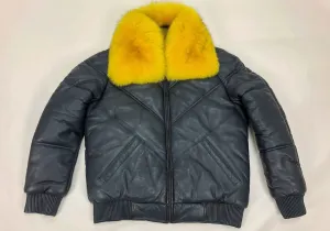 Men's V-Bomber Navy Premium Yellow Fox Collar