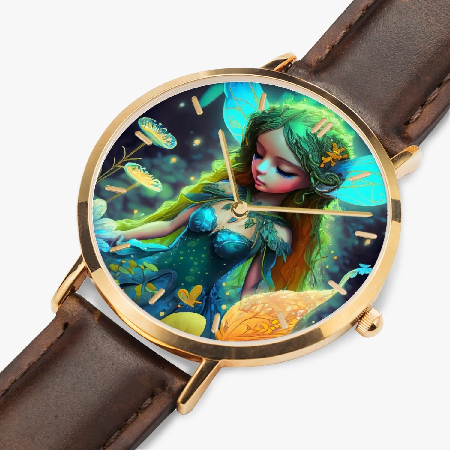 Montre à quartz avec bracelet en cuir ultra-fin (or rose avec indicateurs) "Fée" (164)