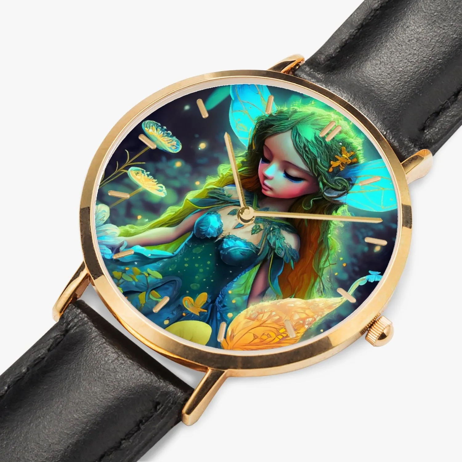 Montre à quartz avec bracelet en cuir ultra-fin (or rose avec indicateurs) "Fée" (164)