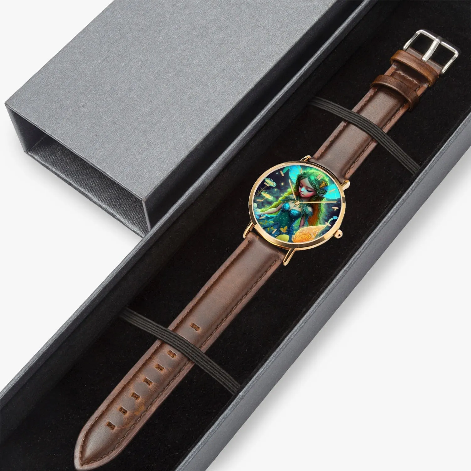 Montre à quartz avec bracelet en cuir ultra-fin (or rose avec indicateurs) "Fée" (164)