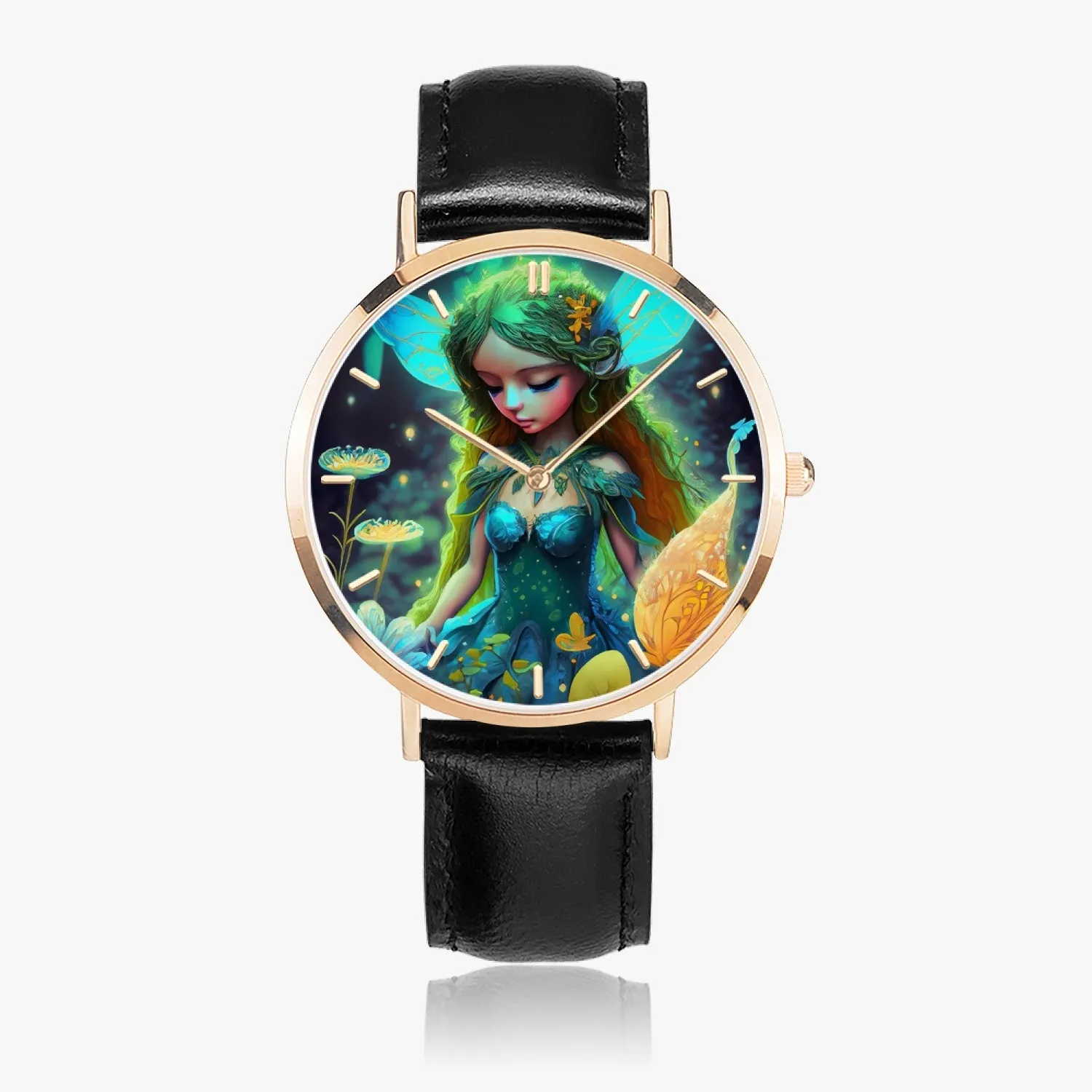 Montre à quartz avec bracelet en cuir ultra-fin (or rose avec indicateurs) "Fée" (164)