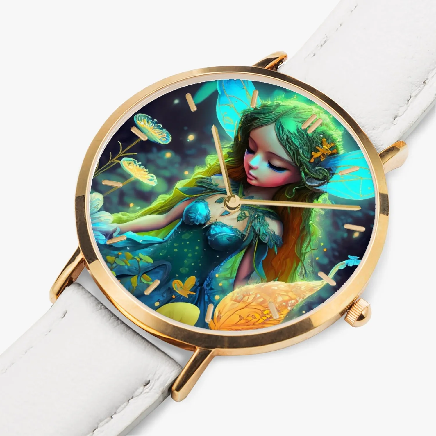 Montre à quartz avec bracelet en cuir ultra-fin (or rose avec indicateurs) "Fée" (164)