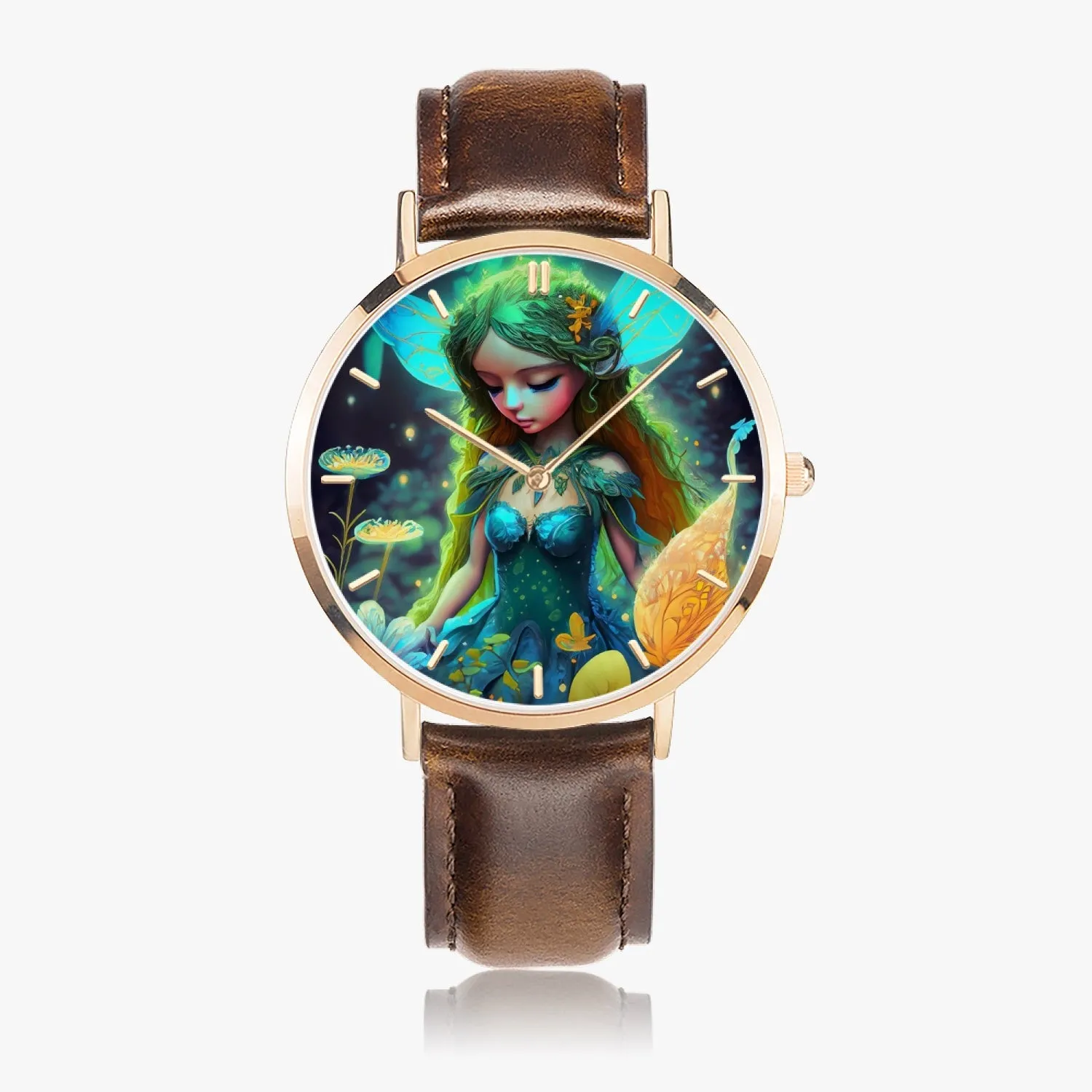 Montre à quartz avec bracelet en cuir ultra-fin (or rose avec indicateurs) "Fée" (164)