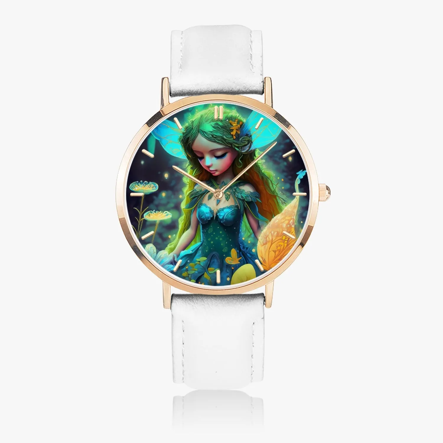 Montre à quartz avec bracelet en cuir ultra-fin (or rose avec indicateurs) "Fée" (164)