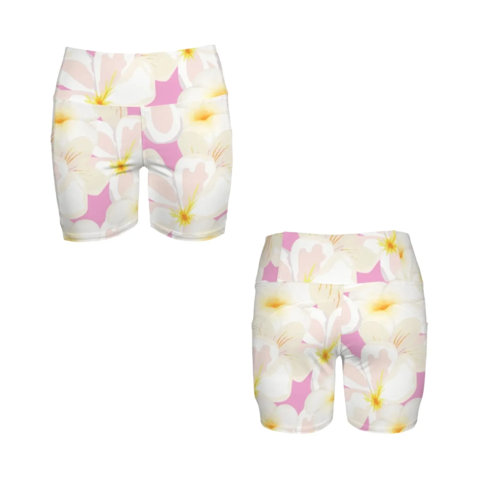 Pastel Frangipanis Pink Yoga Shorts with Pockets up to 5 XL (FWS)