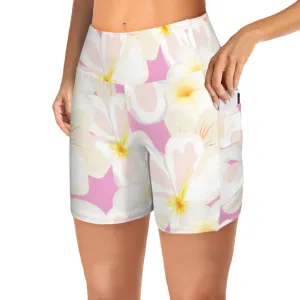 Pastel Frangipanis Pink Yoga Shorts with Pockets up to 5 XL (FWS)