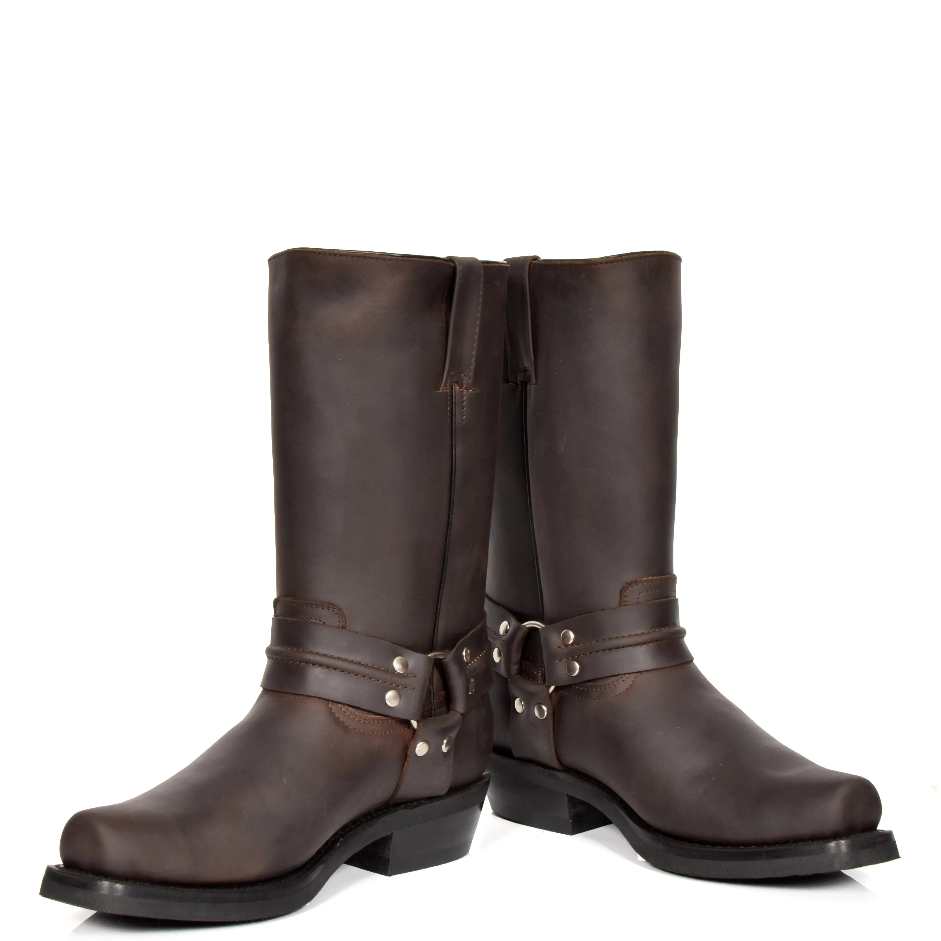 Real Leather Square Toe Cowboy Biker Boots AR69 Brown
