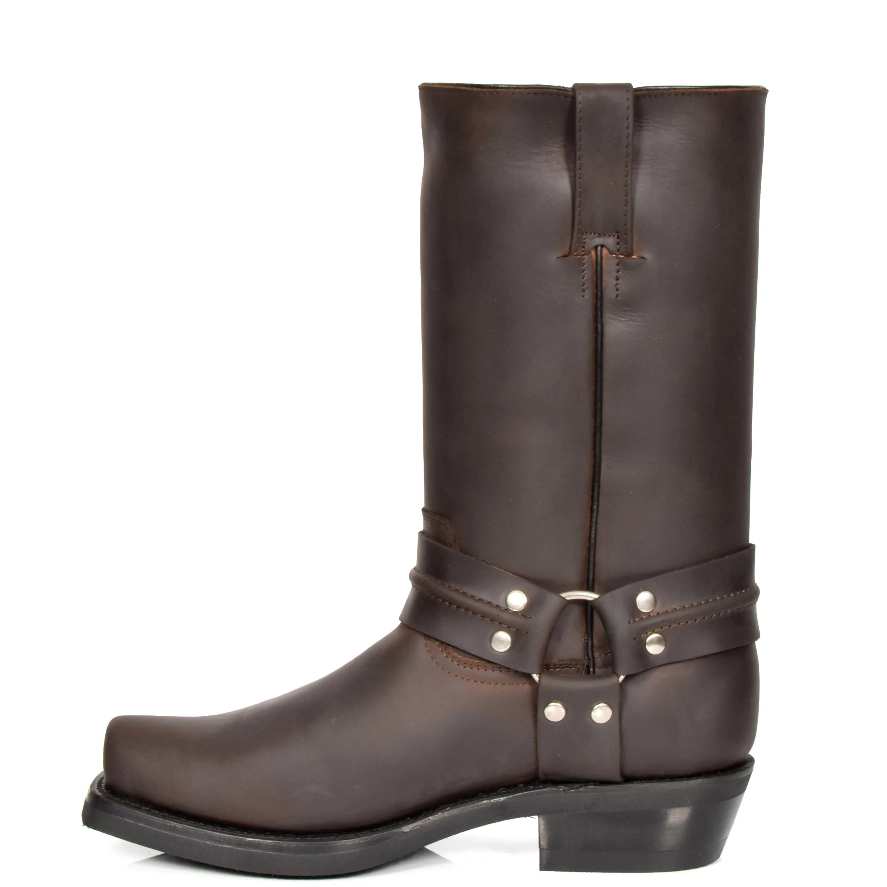 Real Leather Square Toe Cowboy Biker Boots AR69 Brown