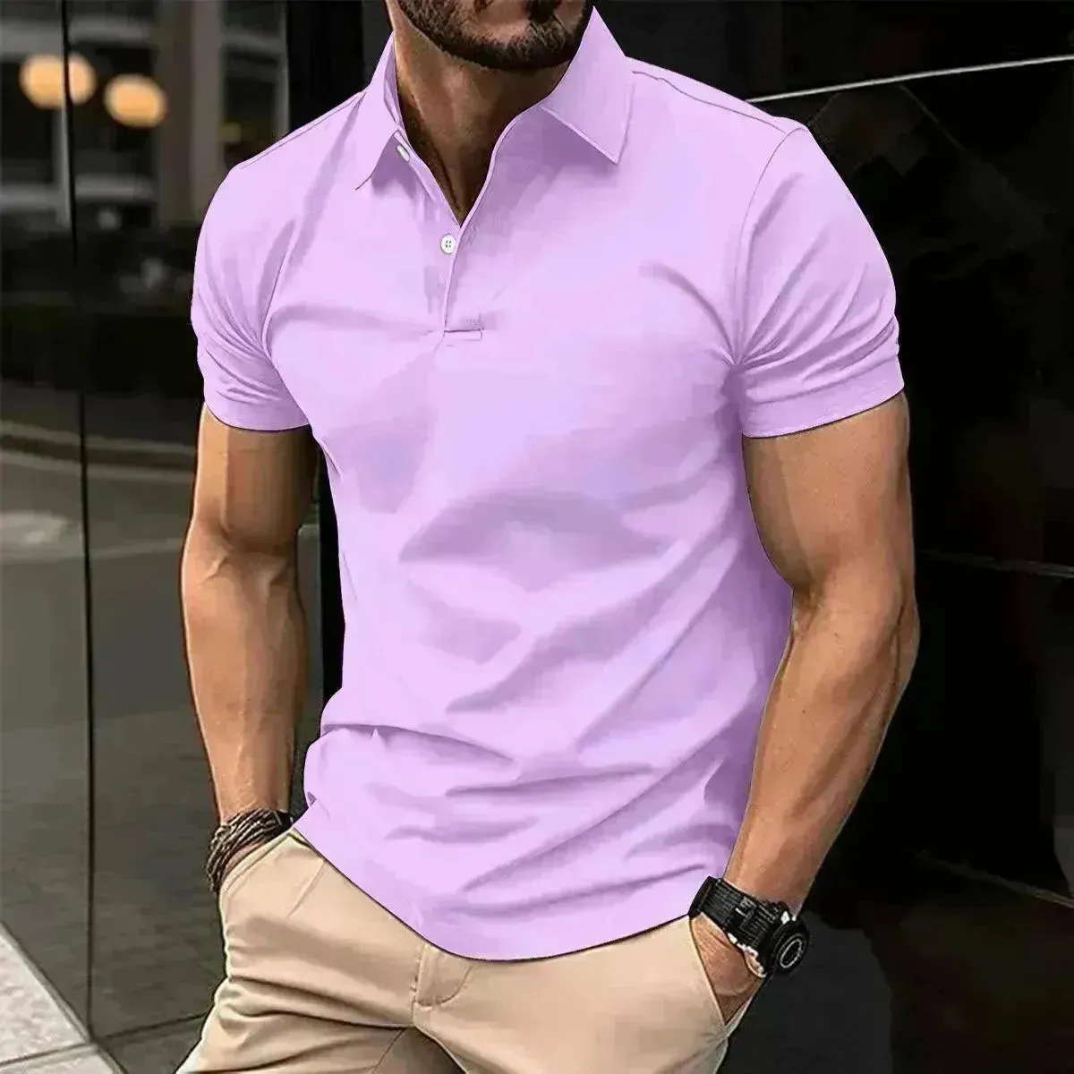 Summer Short Sleeve Polo Shirt Men Solid Color Button Lapel Button Top