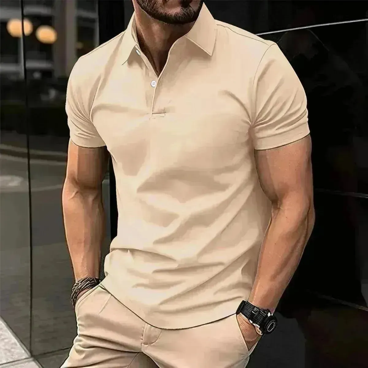 Summer Short Sleeve Polo Shirt Men Solid Color Button Lapel Button Top