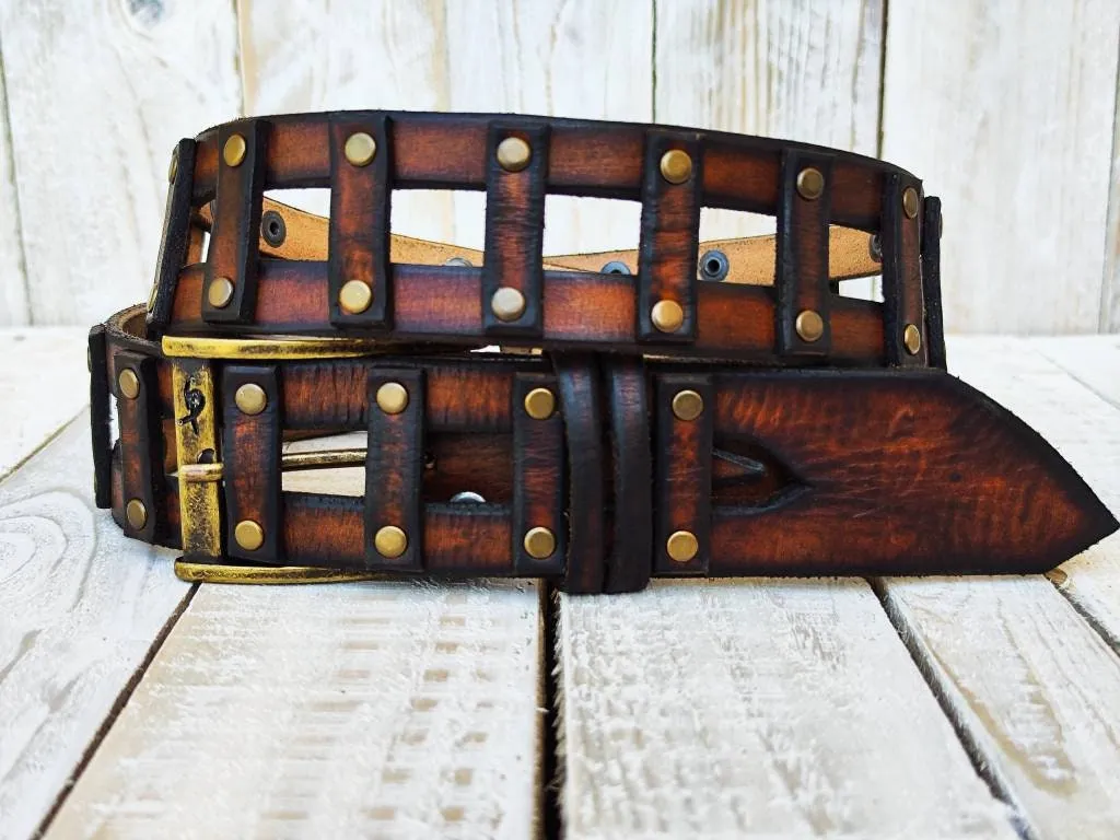Unisex Vintage Brown Leather Belt - Customizable Ishaor Mens and Womens Gift
