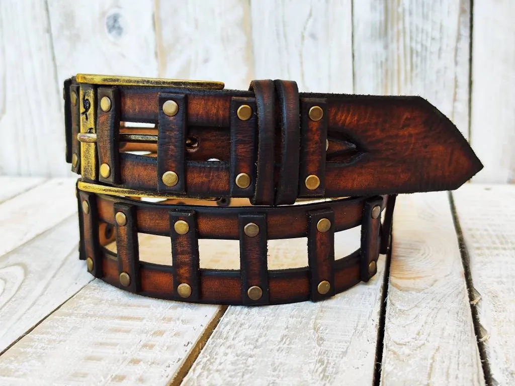 Unisex Vintage Brown Leather Belt - Customizable Ishaor Mens and Womens Gift