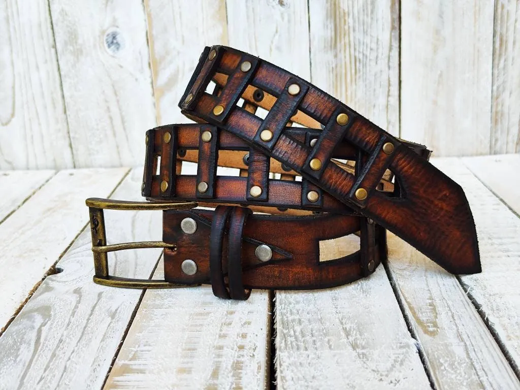 Unisex Vintage Brown Leather Belt - Customizable Ishaor Mens and Womens Gift